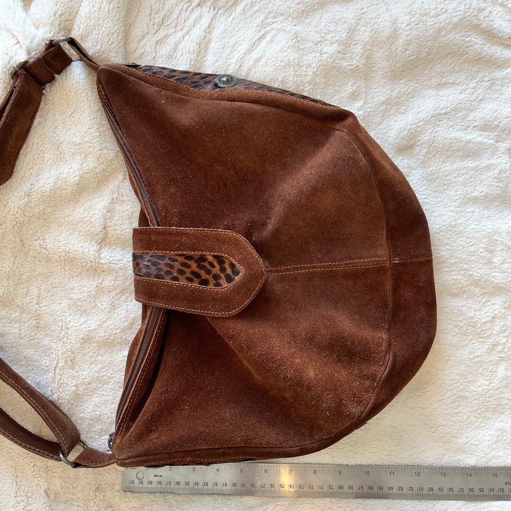 Italian Brown Suede Boho Crossbody Bag with Leopard Fur Accent - Picture 15 of 16
